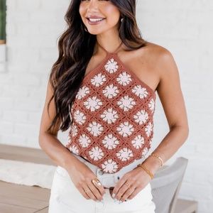 Pink Lily Loved By You Brown Halter Neck Crochet Tank  - Small